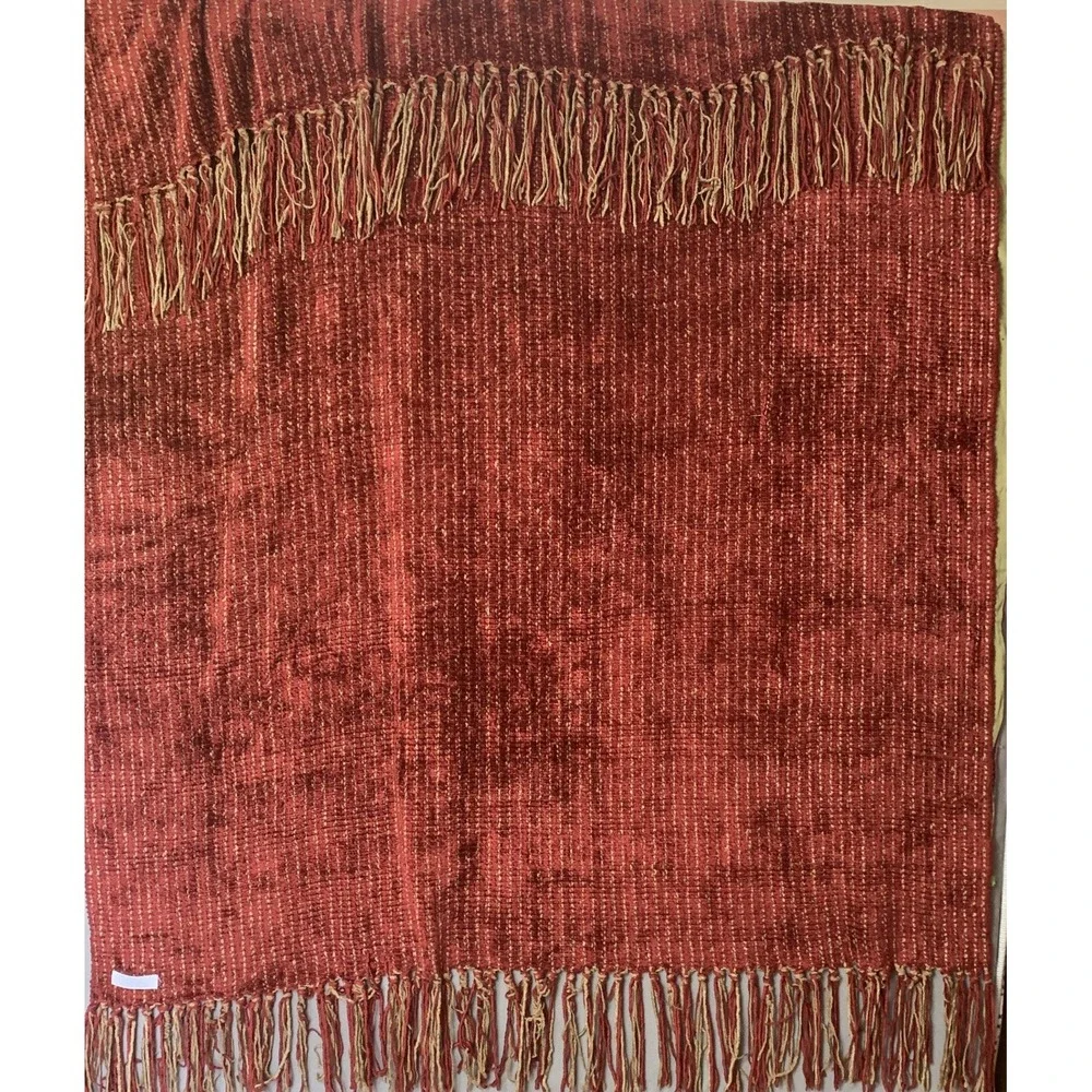 Restoration Hardware Chenille Fringe Throw Blanket Heavy Red Tan Stripe Holiday